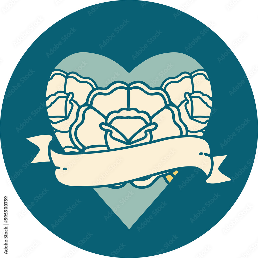iconic tattoo style image of a heart and banner with flowers iconic tattoo style image of a heart and banner with flowers