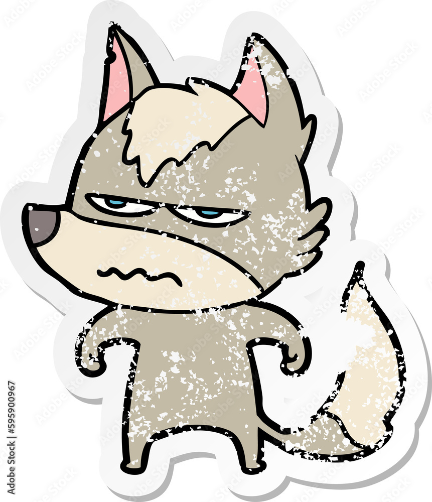 distressed sticker of a cartoon annoyed wolf distressed sticker of a cartoon annoyed wolf