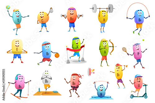 Cartoon cheerful vitamin characters and personages on sport, vector pills. Happy funny kid characters, vitamin capsules on gym sport. A and C, B12, D and E vitamins play to sport games