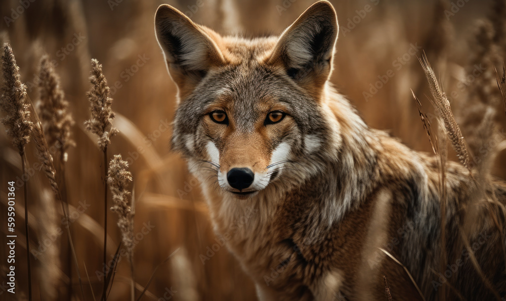 The Huntress: Photo of coyote, captured in its natural habitat, stealthily prowling through a field of tall grass, with its keen senses alert for prey. Generative AI The Huntress: Photo of coyote, captured in its natural habitat, stealthily prowling through a field of tall grass, with its keen senses alert for prey. Generative AI