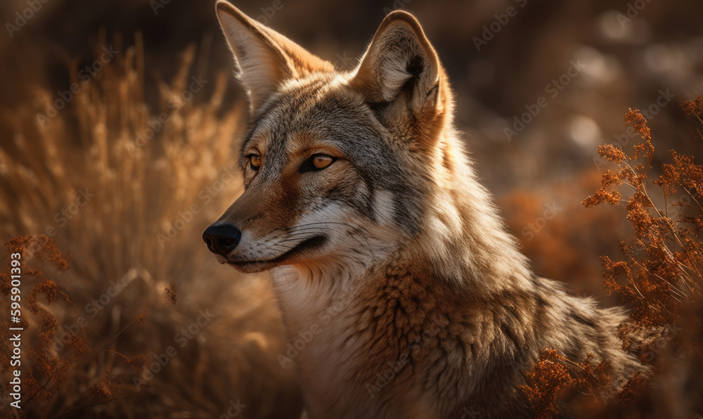 sunset close up photo of coyote amongst tall grass. Generative AI