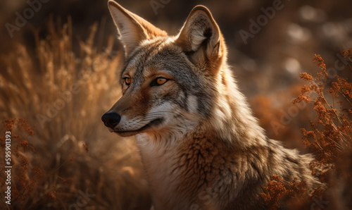 sunset close up photo of coyote amongst tall grass. Generative AI