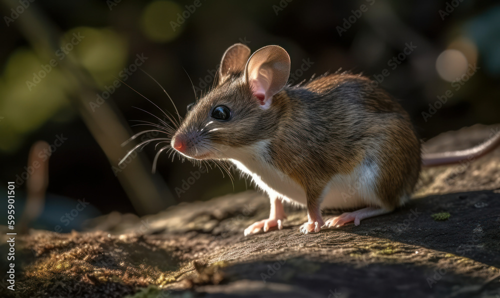 Photo of deer mouse (genus Peromyscus) perched on rock in sun-dappled forest, nibbling on a seed with its delicate paws emphasizing fine details of mouse's fur & texture of the rock. Generative AI Photo of deer mouse (genus Peromyscus) perched on rock in sun-dappled forest, nibbling on a seed with its delicate paws emphasizing fine details of mouse's fur & texture of the rock. Generative AI