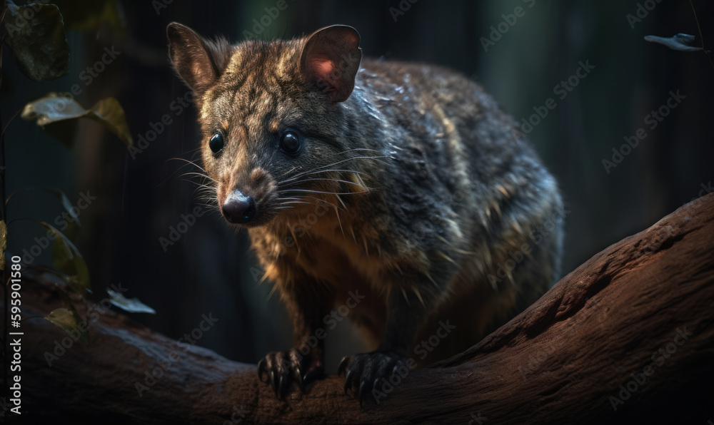 Nocturnal Hunter: Dasyurid Marsupial in a dense, bushy landscape that complements the marsupial's camouflaging abilities, agility and nocturnal hunting abilities. Generative AI Nocturnal Hunter: Dasyurid Marsupial in a dense, bushy landscape that complements the marsupial's camouflaging abilities, agility and nocturnal hunting abilities. Generative AI
