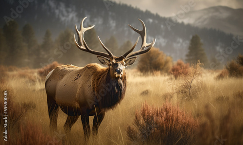 photo of American elk standing in high grass with blurry mountains in the background. Generative AI
