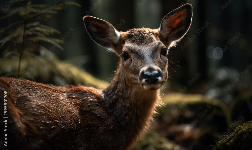 Fototapeta premium close up photo of deer on blurry forest background. Generative AI