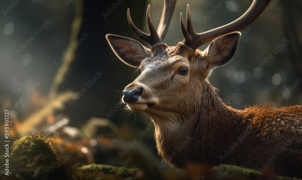 Fototapeta premium close up photo of deer on blurry forest background. Generative AI