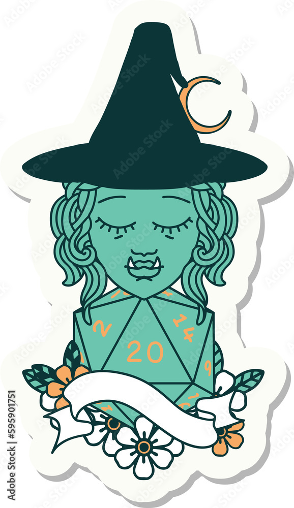 sticker of a half orc witch character with natural twenty dice roll sticker of a half orc witch character with natural twenty dice roll