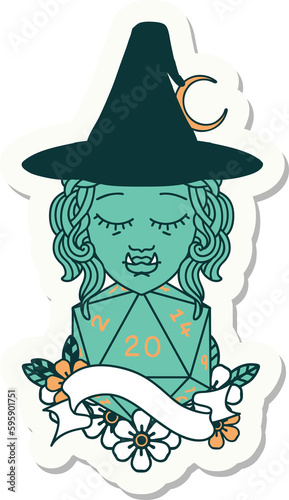 sticker of a half orc witch character with natural twenty dice roll