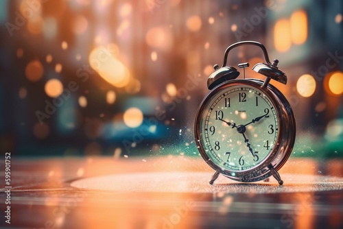 Pastel bokeh background with table clock, representing time for rest and travel. Generative AI