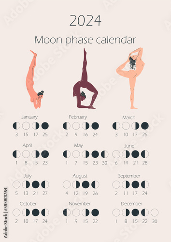 Moon phases calendar 2024 with Naked young woman performing physical exercises. Waning gibbous, Waxing crescent, New moon, Full moon with dates.