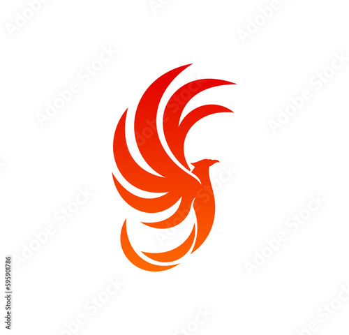 Phoenix, fairy flame bird icon. Company vector emblem with flaming fairy animal, fantasy firebird or magic bird. Flying eagle red tattoo, infinity, freedom and spirit abstract symbol