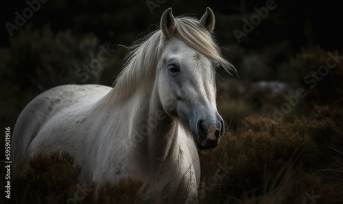 close up photo of Connemara  breed of pony  in its natural habitat. Generative AI