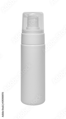 One dispenser bottle without label isolated on transparent background. Cut out blank foam tube. Skin care element. Face makeup removal, advertising mockup. Design template with place for text, logo