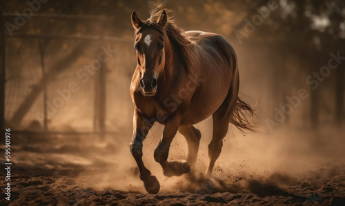 Cutting horse majestically maneuvering through dusty corral showing its agility   precision. composition highlights horse s natural talent   rugged Western landscape typical of its breed Generative AI
