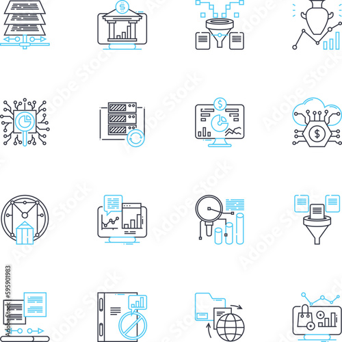 Market estimation linear icons set. Forecasting, Analysis, Projections, Research, Trends, Statistics, Data line vector and concept signs. Insights,Evaluation,Assessment outline illustrations