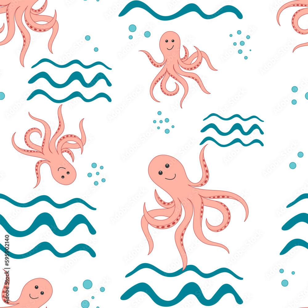 Seamless Pattern with Octopuses and Sea waves. Summer colorful hand Drawn cartoon Background. Animals of the Underwater world