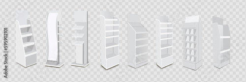 White Long Blank Empty Showcase Displays With Retail Shelves. 3D Products On White Background Isolated.