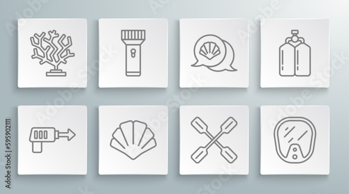 Set line Fishing harpoon, Flashlight, Scallop sea shell, Paddle, Diving mask, Aqualung and Coral icon. Vector