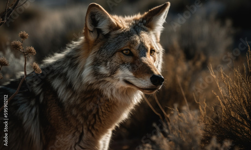 photo of coyote in its natural habitat. Generative AI