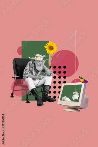 Vertical collage artwork image sketch of bored sad man sitting watching monitor absorb waste fake news isolated drawing background photo