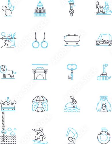 Adventure linear icons set. Expedition, Thrill, Excitement, Quest, Exploration, Journey, Leap line vector and concept signs. Discovery,Odyssey,Escapade outline illustrations