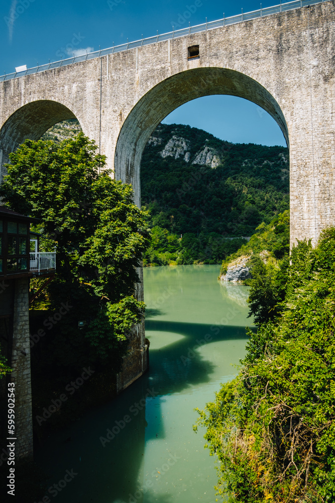 The Saint Nazaire en Royans aqueduct spanning over the Bourne river in the South of France (Drome)