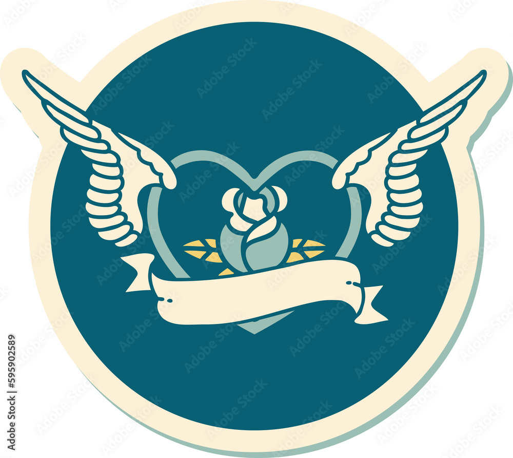Fototapeta premium sticker of tattoo in traditional style of a flying heart with flowers and banner