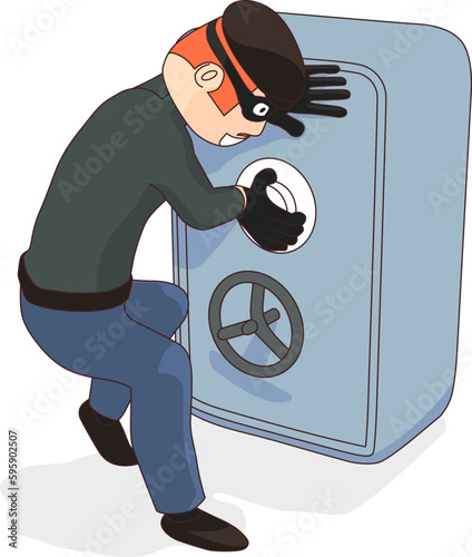 Cartoon thief breaks into a safe. Safecracker is trying to find the code to the safe.