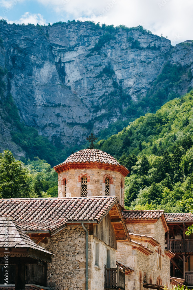 The Saint-Antoine-le-Grand monastery, one of few orthodox monastery in France, with the mountains of Vercors in the background (Drome)