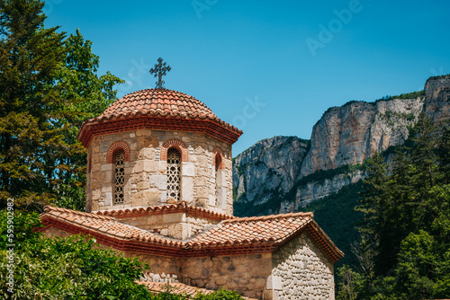 The Saint-Antoine-le-Grand monastery, one of few orthodox monastery in France, with the mountains of Vercors in the background (Drome) photo