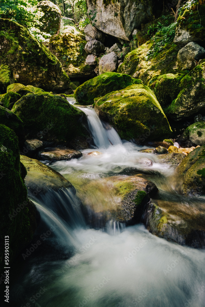 Waterfalls of the Cholet river in the French Alps, near Pont En Royans in the Vercors mountains range