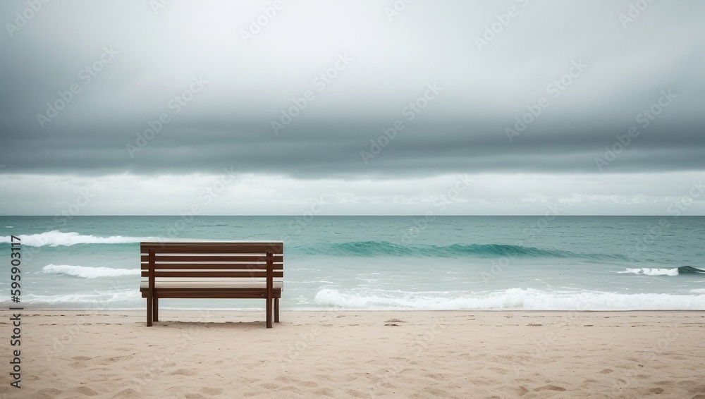 Wooden bench on a sandy beach, generative ai