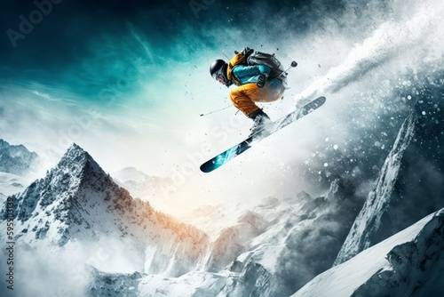 Winter Extreme athlete Sports ski jump on mountain. Generative AI