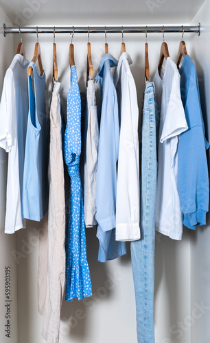 Set of different clothes of white and blue colors hanging on rack.