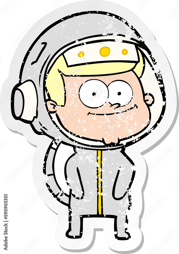 distressed sticker of a happy astronaut cartoon