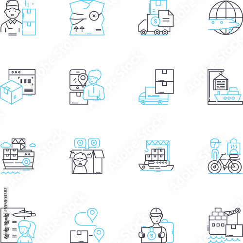Stockroom supply linear icons set. Inventory, Warehouse, Logistics, Supplies, Storage, Stockpile, Distribution line vector and concept signs. Replenish,Cargo,Loading outline illustrations