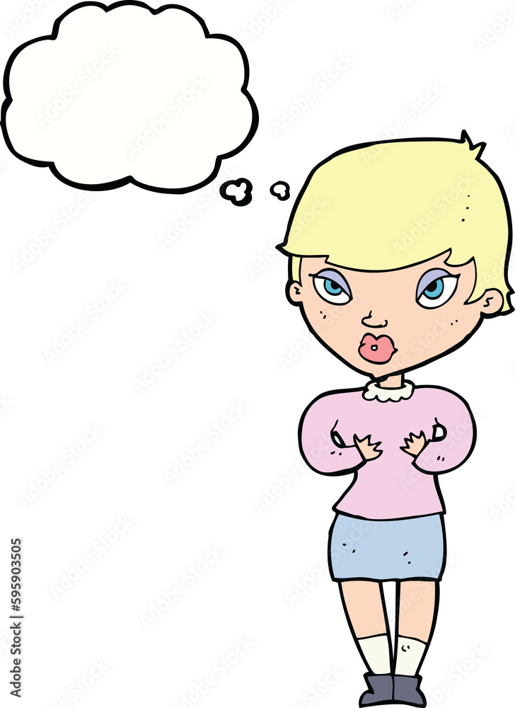 cartoon woman gesturing at self with thought bubble cartoon woman gesturing at self with thought bubble