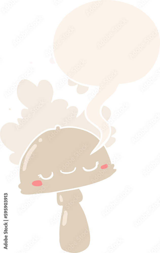 cartoon mushroom with spoor cloud with speech bubble in retro style