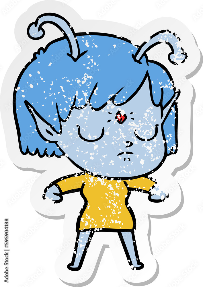 distressed sticker of a cartoon alien girl distressed sticker of a cartoon alien girl