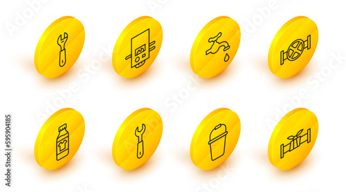 Set line Industry metallic pipe, Bucket, Wrench spanner, Bottle for cleaning agent, and valve, Water tap, Gas boiler and icon. Vector