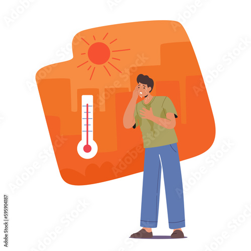 Exhausted Tired Male Character Perspires, Fatigues, Dehydrates, Feels Dizzy, Weak, And Uncomfortable Due To Extreme Heat