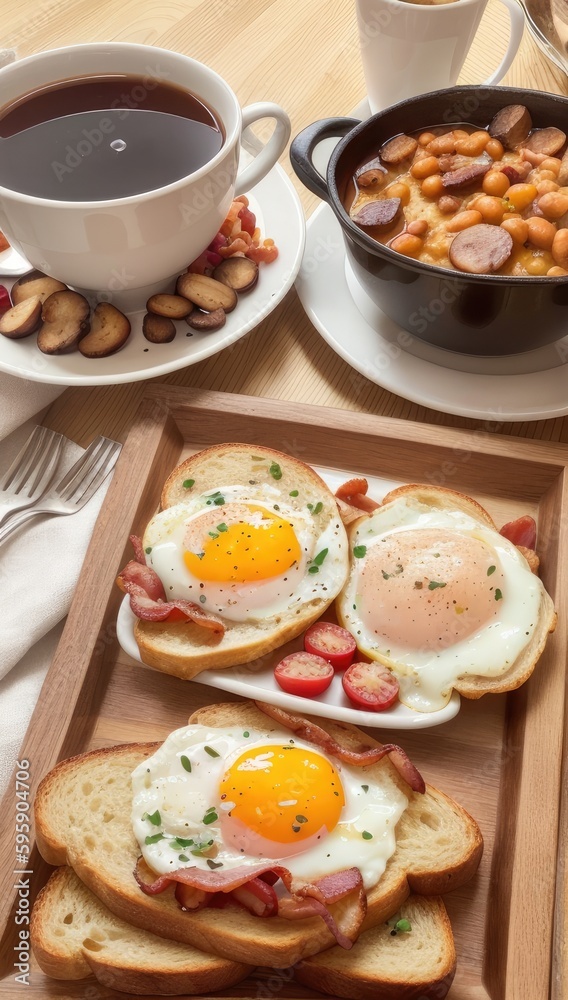 English breakfast served on a wooden tray, with fried eggs, bacon, sausages, mushrooms, tomatoes, and baked beans, toast and a cup of tea. English breakfast served on a wooden tray, with fried eggs, bacon, sausages, mushrooms, tomatoes, and baked beans, toast and a cup of tea.