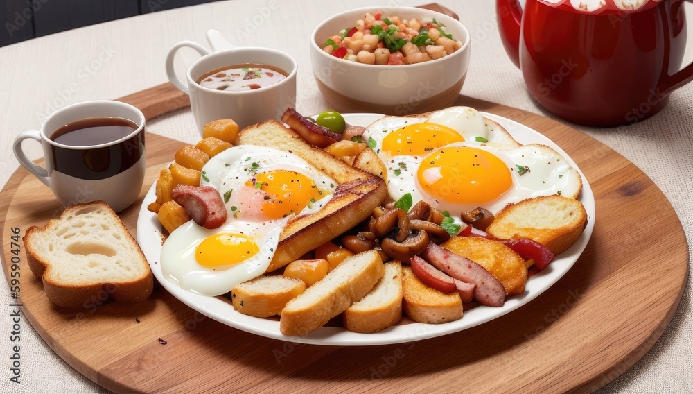 English breakfast served on a wooden tray, with fried eggs, bacon, sausages, mushrooms, tomatoes, and baked beans, toast and a cup of tea. English breakfast served on a wooden tray, with fried eggs, bacon, sausages, mushrooms, tomatoes, and baked beans, toast and a cup of tea.