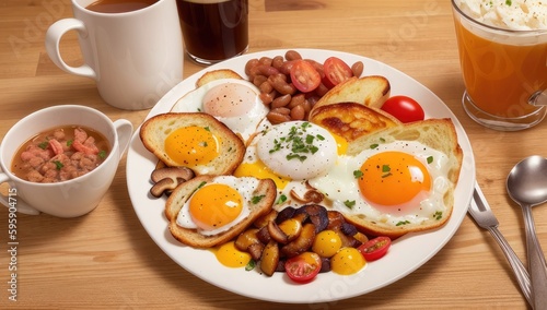 English breakfast served on a wooden tray, with fried eggs, bacon, sausages, mushrooms, tomatoes, and baked beans, toast and a cup of tea.