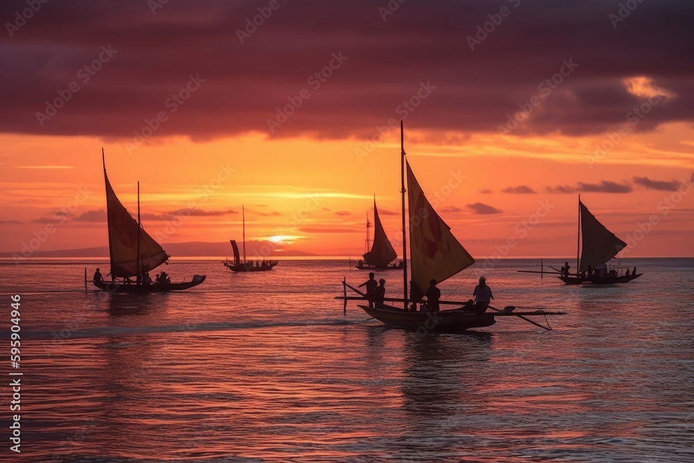 Traditional outrigger canoes gliding across glassy azure waters under a crimson and violet sunset, with sailing crews at the ready to drop nets or lines. Generative AI - obrazy, fototapety, plakaty 