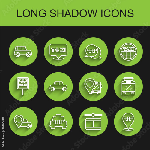Set line Location with taxi, Taxi car, Car, Cable, Tram and railway and bus icon. Vector
