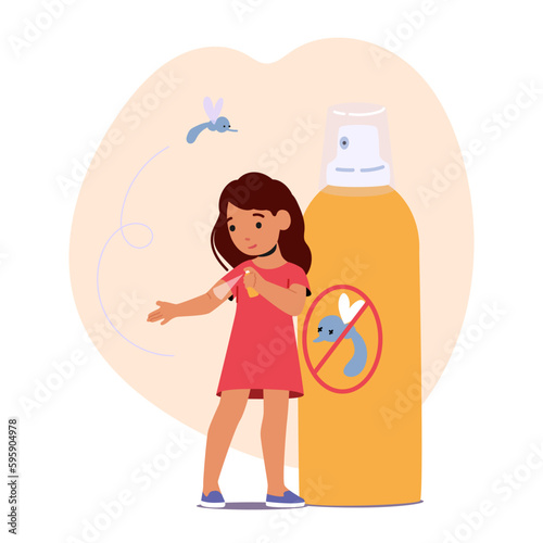 Little Girl Use Repellent For Mosquitoes Protection Made Of Natural Ingredients, Designed To Prevent Insect Bites