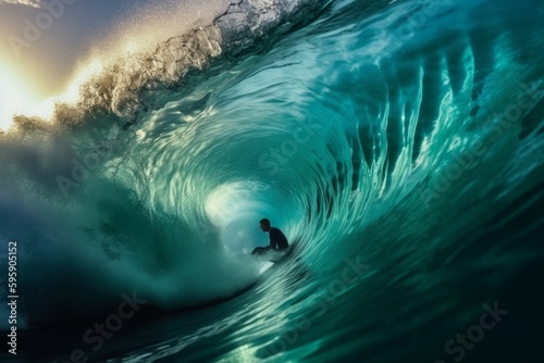 A surfer riding a massive wall of turquoise barrel waves, shot from within the tube to capture airborne arcs of water in jeweled droplets. Generative AI