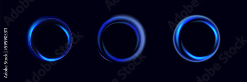 Neon swirl. Curve blue line light effect. Abstract ring background with glowing swirling background. Energy flow tunnel.